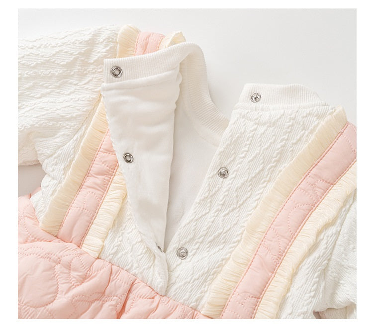 Winter Baby Thick Home Clothes Pink-White Patchwork Romper With Hat
