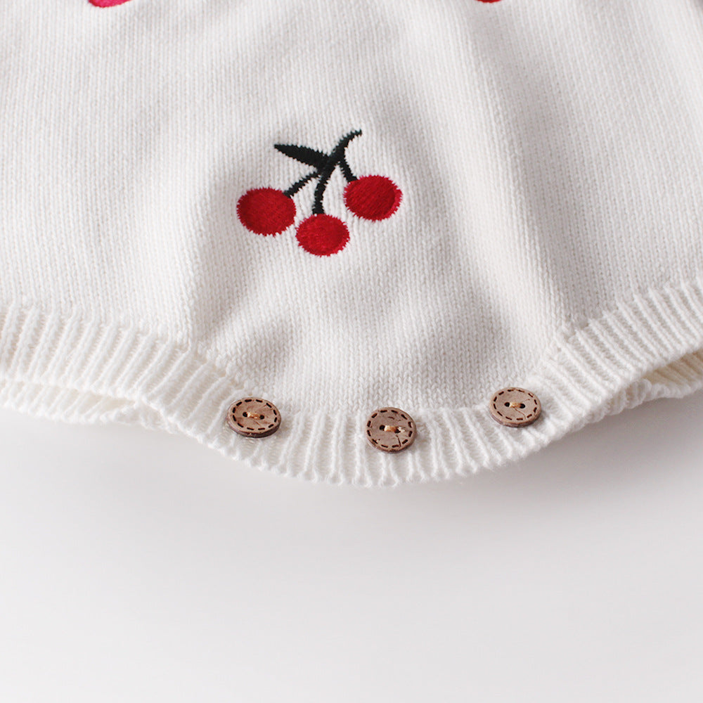 Baby Girl 1pc Cherry Embroidered Graphic Crotch Knitted Bodysuit & Button Front Sweater Coat Sets-4