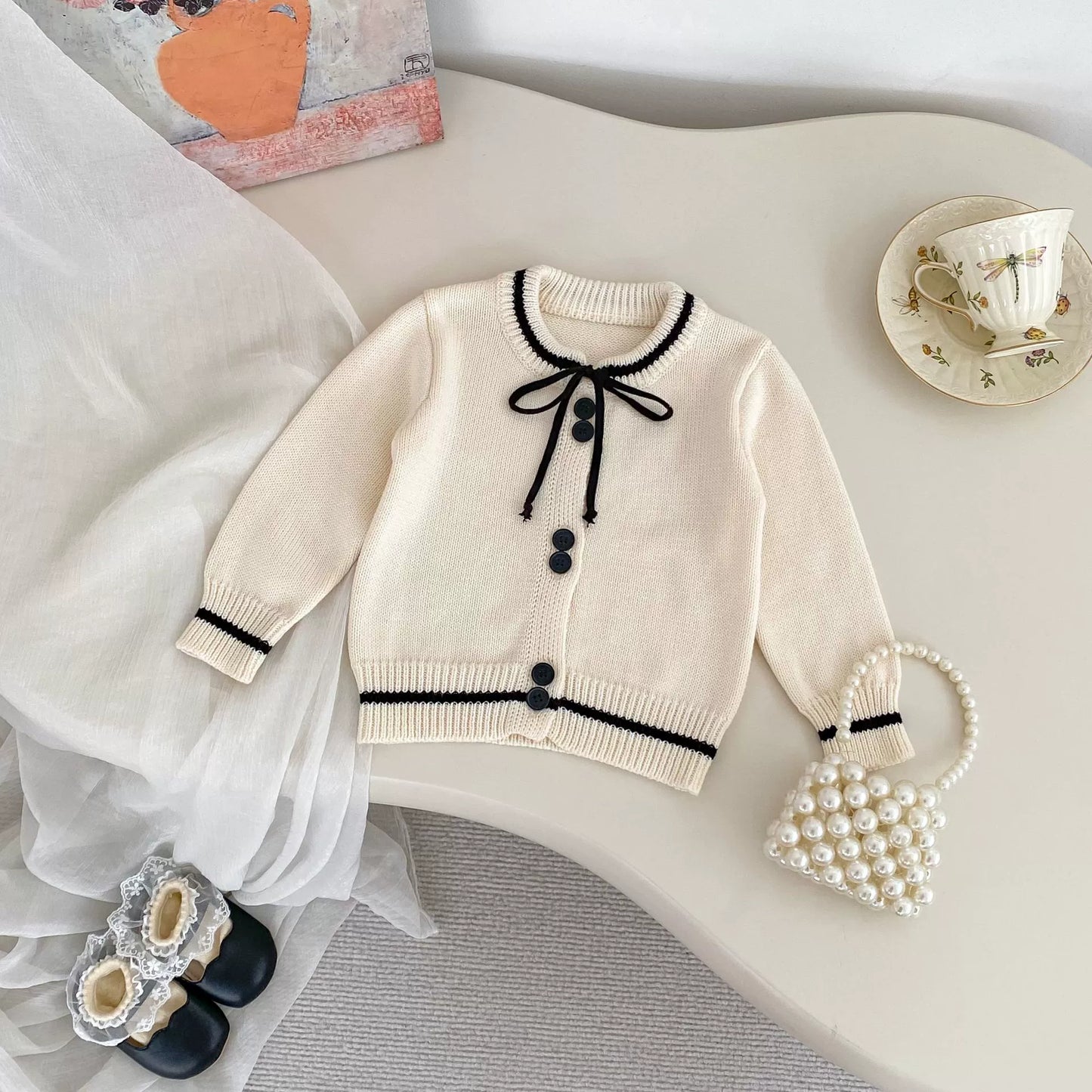 Spring and Autumn Kids Girls Color Patchwork Long Sleeves Cardigan and Pants Clothing Set-4