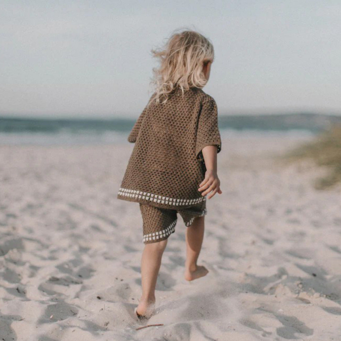 Summer Baby Kids Casual Simple Hollow Out Short Sleeves Top with Shorts Knitted Clothing Set