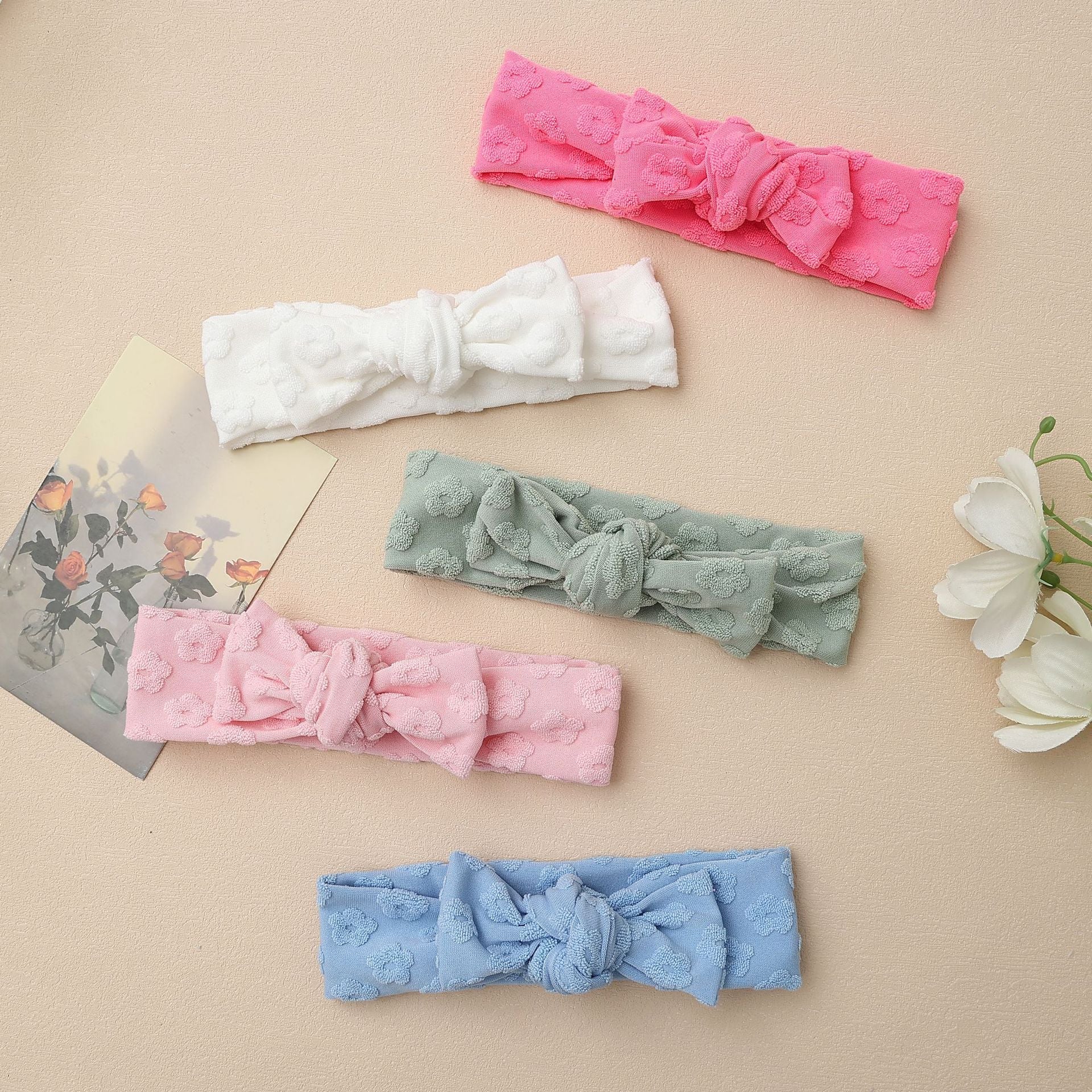 Elastic Baby Headband with Bow and Embroidered Flowers-1