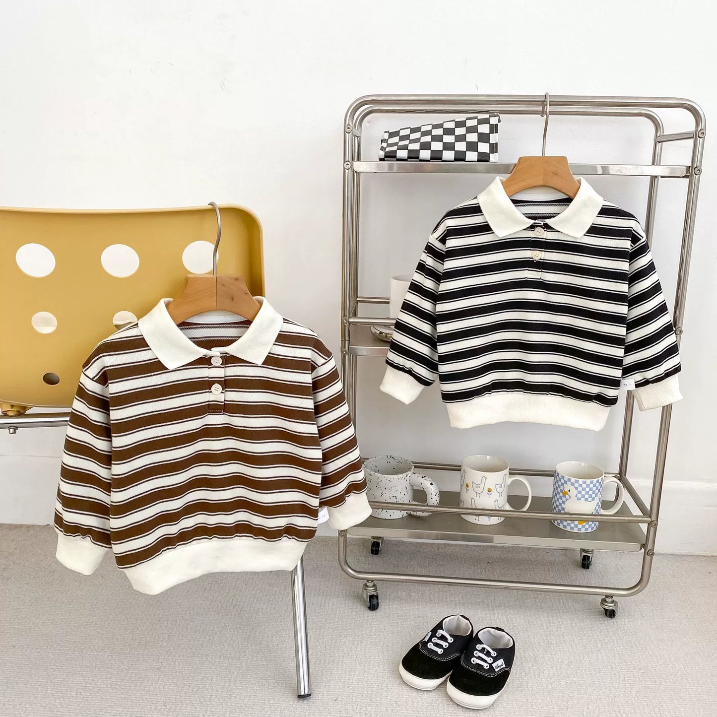 Spring and Autumn Baby Kids Unisex Striped Pattern Top Polo Shirt and Denim Pants Clothing Set