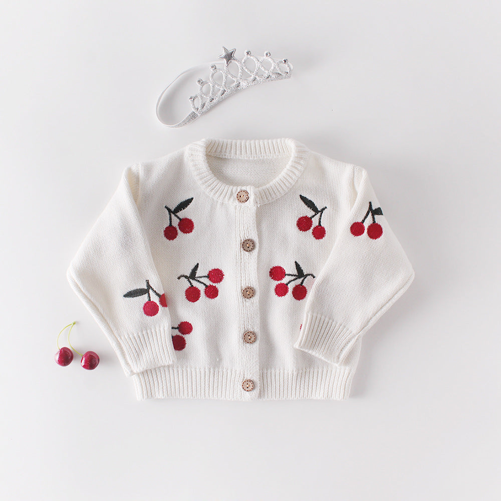 Baby Girl 1pc Cherry Embroidered Graphic Crotch Knitted Bodysuit & Button Front Sweater Coat Sets-1