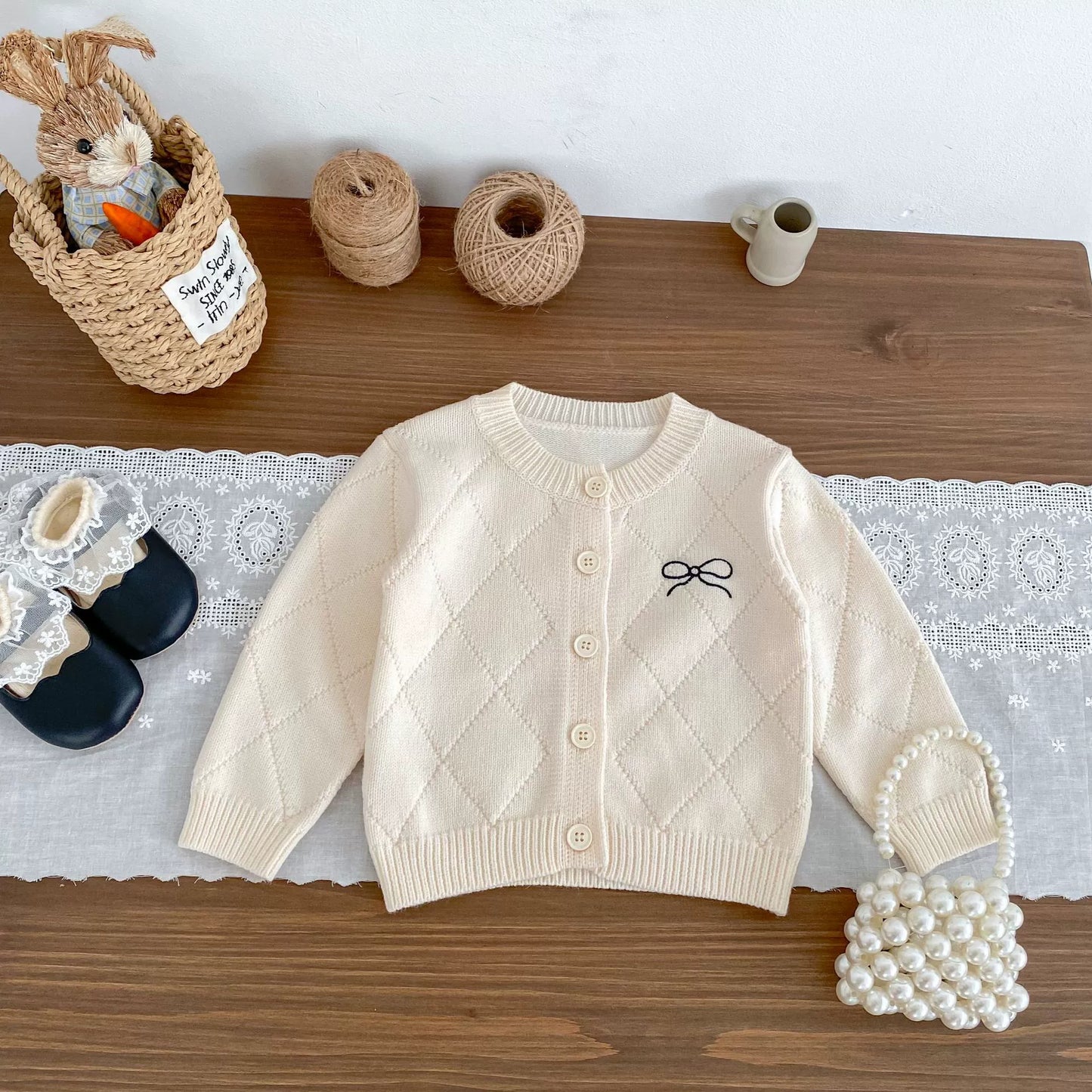 Spring and Autumn Kids Girls Argyle Pattern Long Sleeves Cardigan and Pants Clothing Set-1