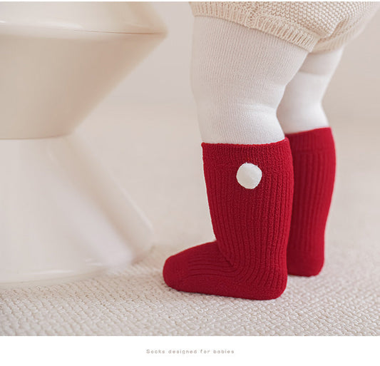 Warm Boneless Children’s Fleece-lined Socks for Autumn and Winter, Thickened and Festive Red-0