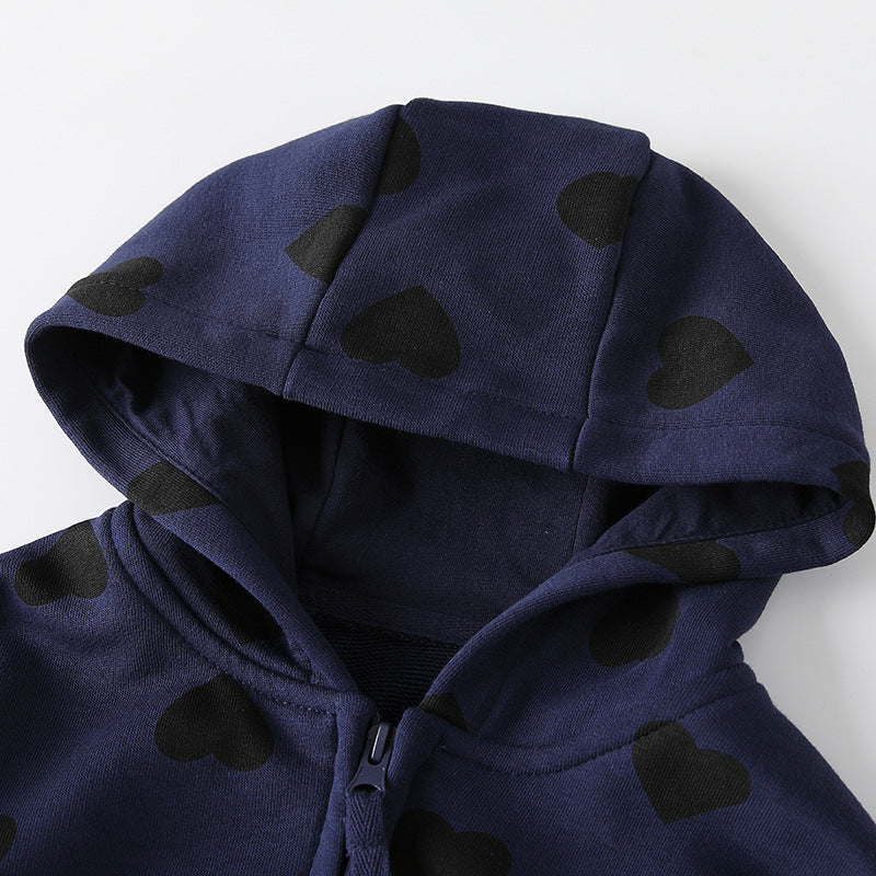 Arrival European and American Style Girls’ Hooded Zip-up Black Hearts Pattern Coat with Long Sleeves