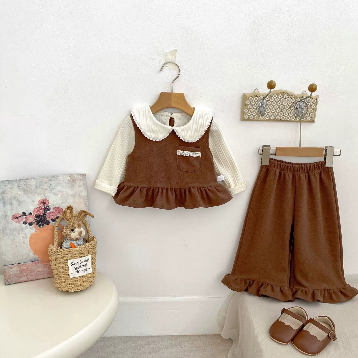 Spring and Autumn Baby Kids Girls Lace Decorated Sleeveless Vest, Plain Long Sleeves Top and Pants Clothing Set-1