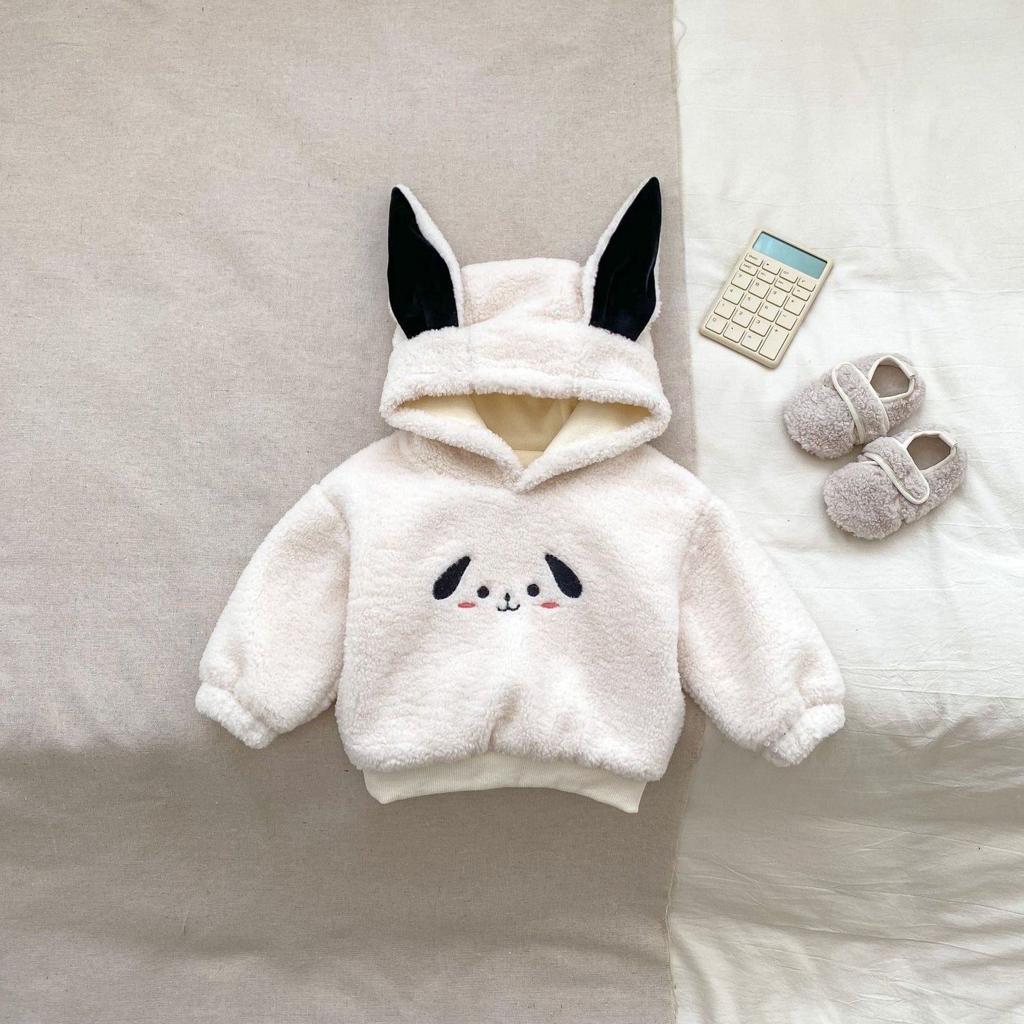 Winter Hot Selling Baby Unisex Long Sleeves Simple Rabbit Design Hooded Top Pullover and Striped Trousers Set-1