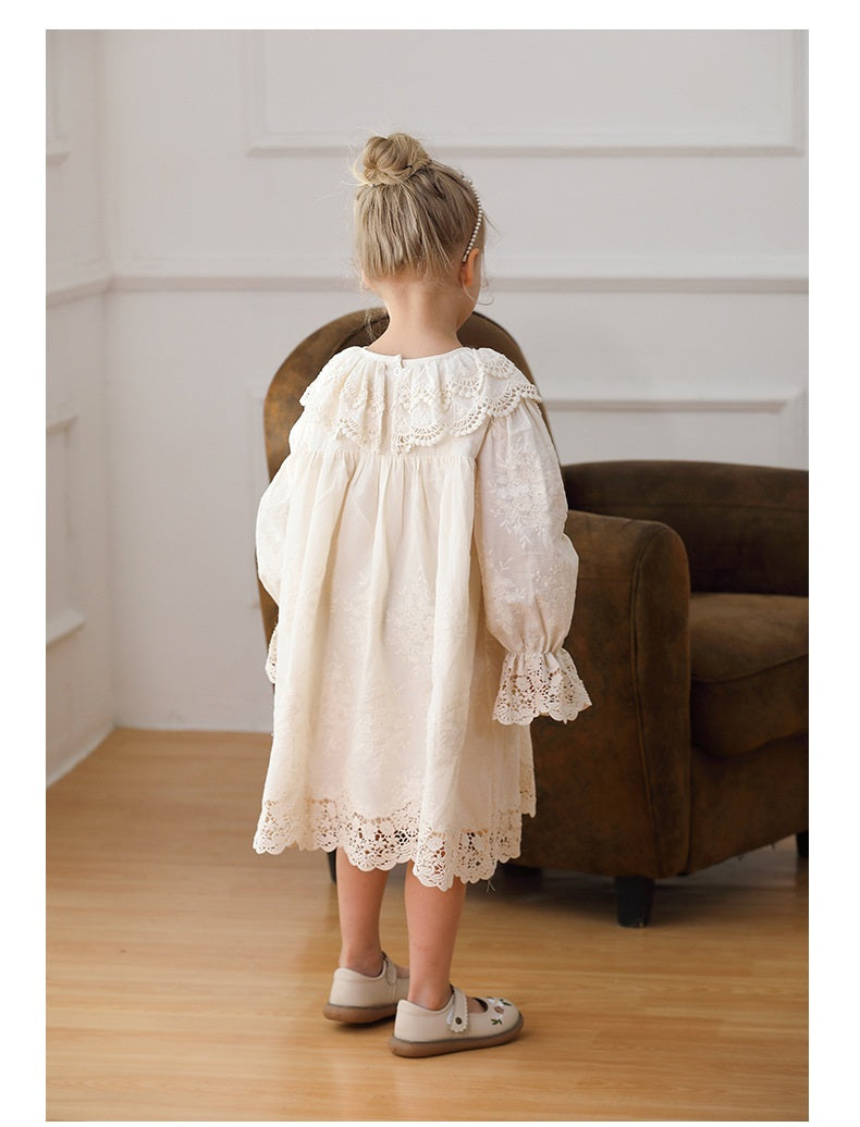 Arrival Lace Trim Design Autumn Girls Long Puff Sleeves Dress