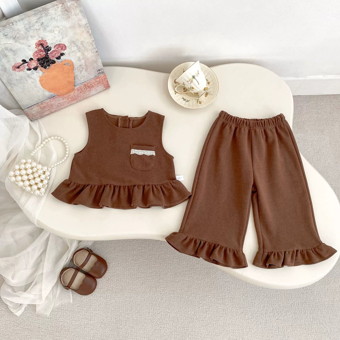 Spring and Autumn Baby Kids Girls Lace Decorated Sleeveless Vest, Plain Long Sleeves Top and Pants Clothing Set-2