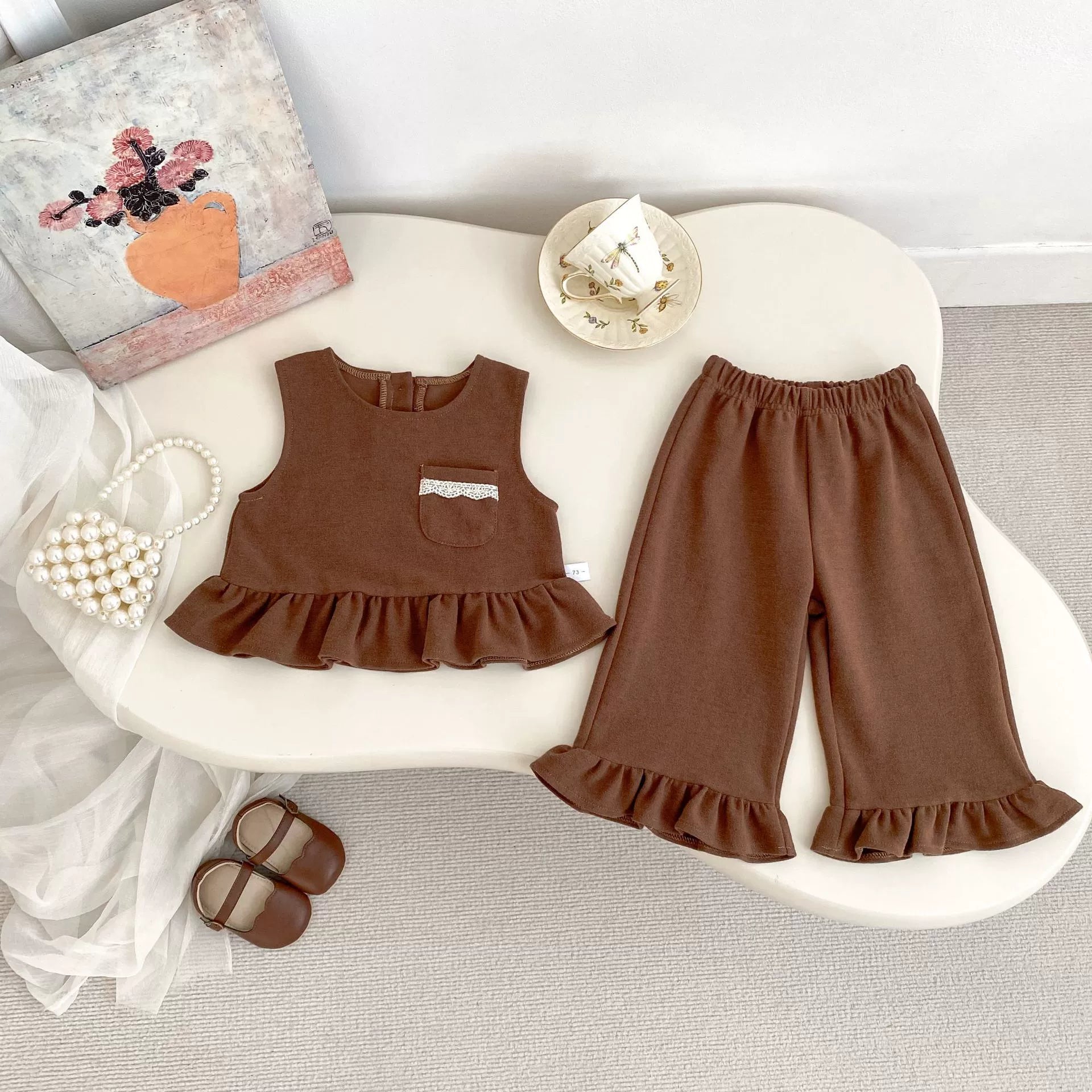 Spring and Autumn Baby Kids Girls Lace Decorated Sleeveless Vest, Plain Long Sleeves Top and Pants Clothing Set-2