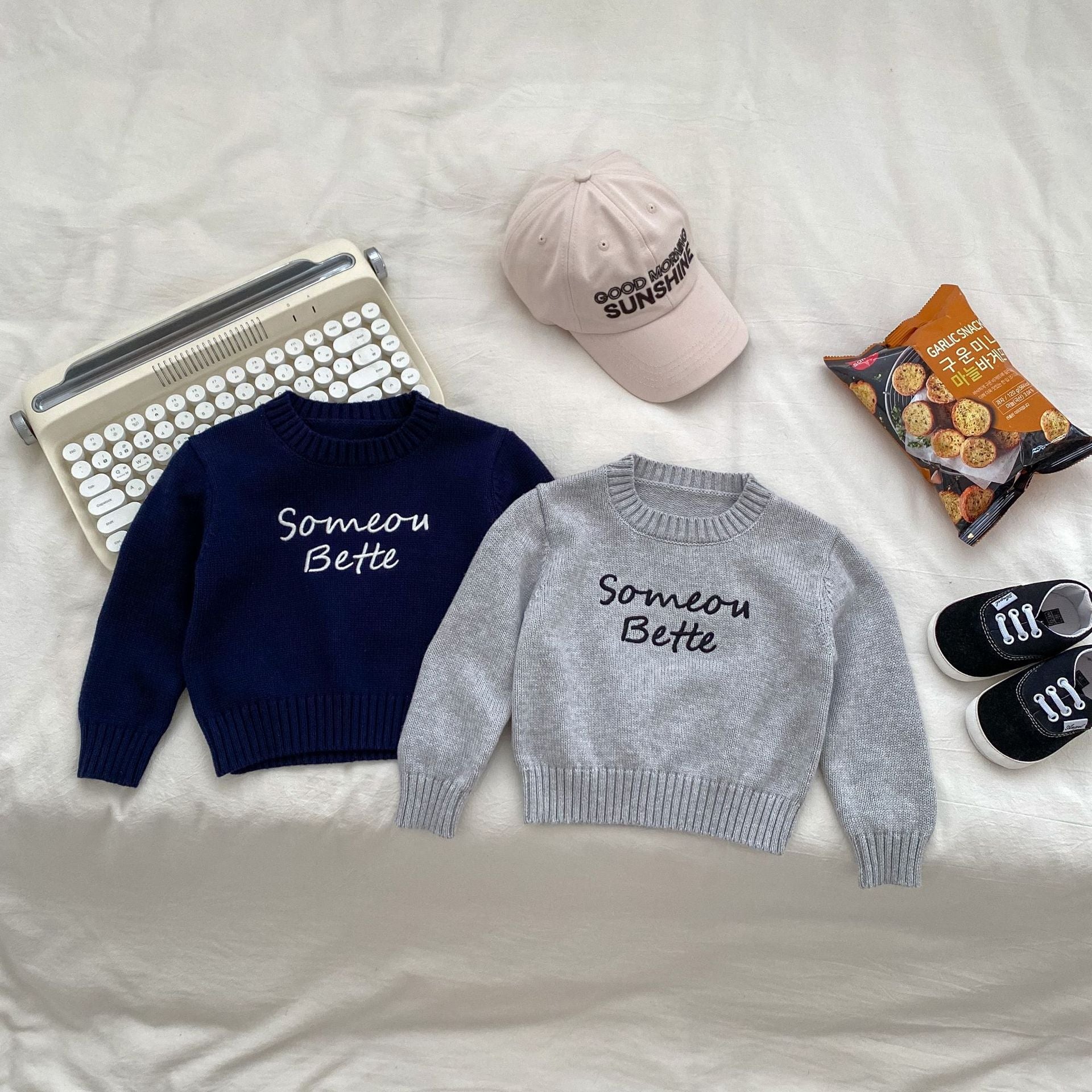 Autumn Baby Kids Boys Letters Embroidery Pattern Knitted Crew Neck Pullover and Denim Pants Clothing Set-2