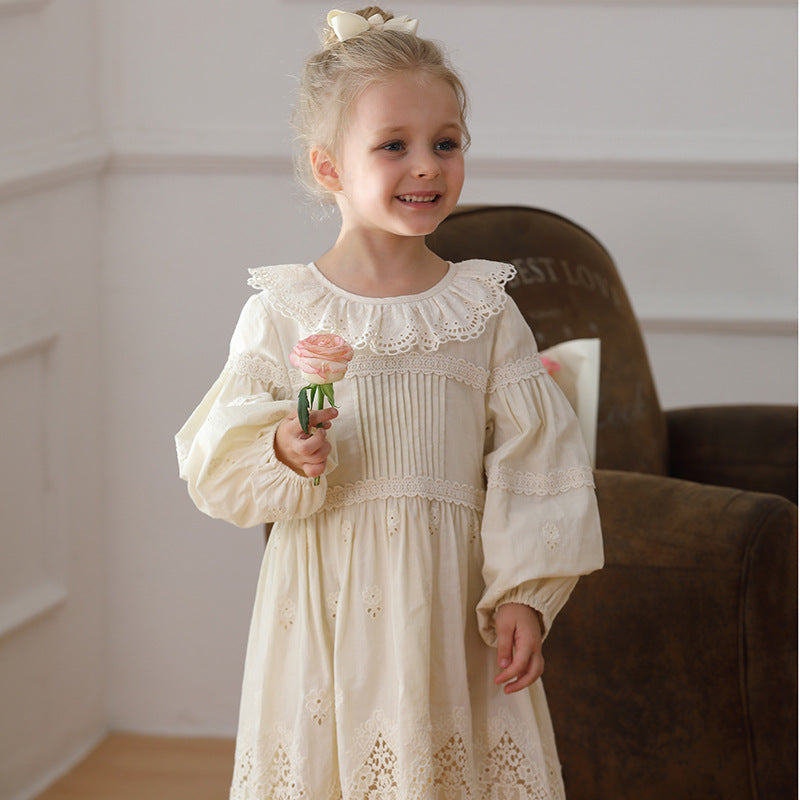 Spring and Autumn Solid Color Long-sleeved Dress with Lace Collar for Stylish Girls-1