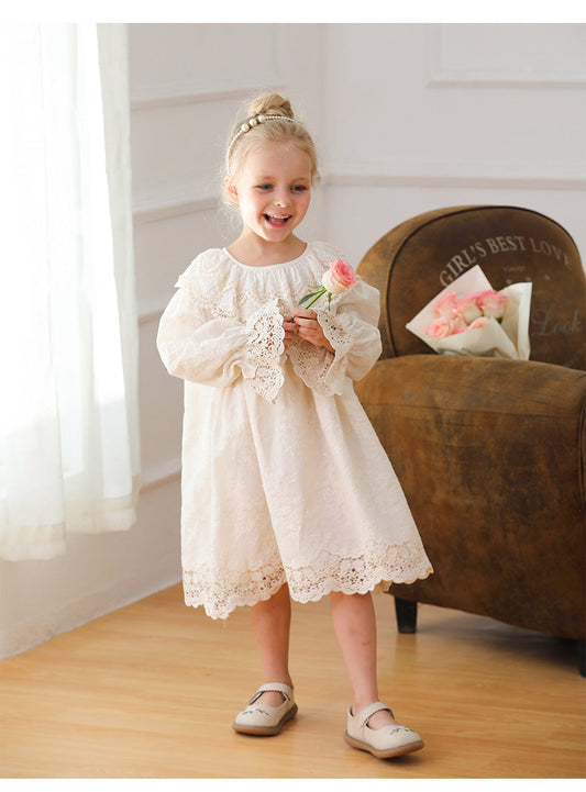 Arrival Lace Trim Design Autumn Girls Long Puff Sleeves Dress