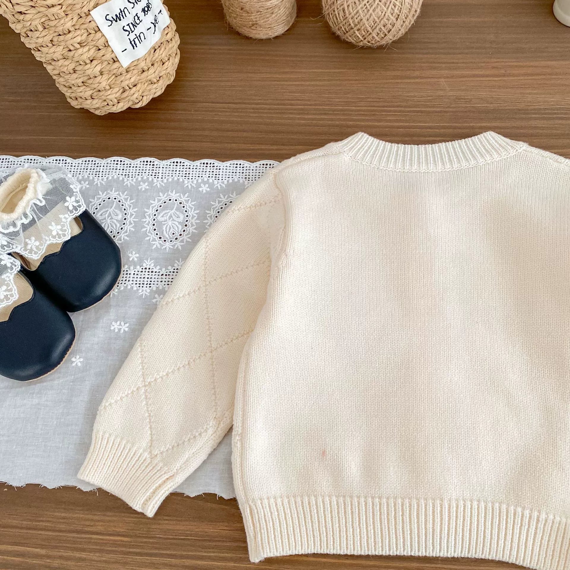 Spring and Autumn Kids Girls Argyle Pattern Long Sleeves Cardigan and Pants Clothing Set-3