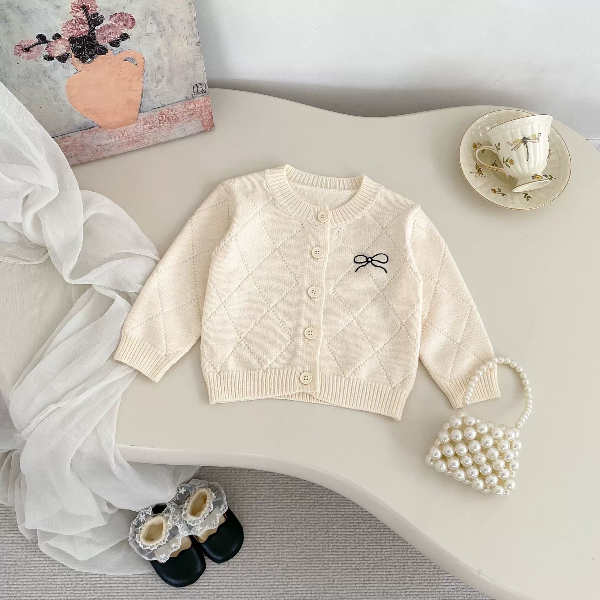 Spring and Autumn Kids Girls Argyle Pattern Long Sleeves Cardigan and Pants Clothing Set-4