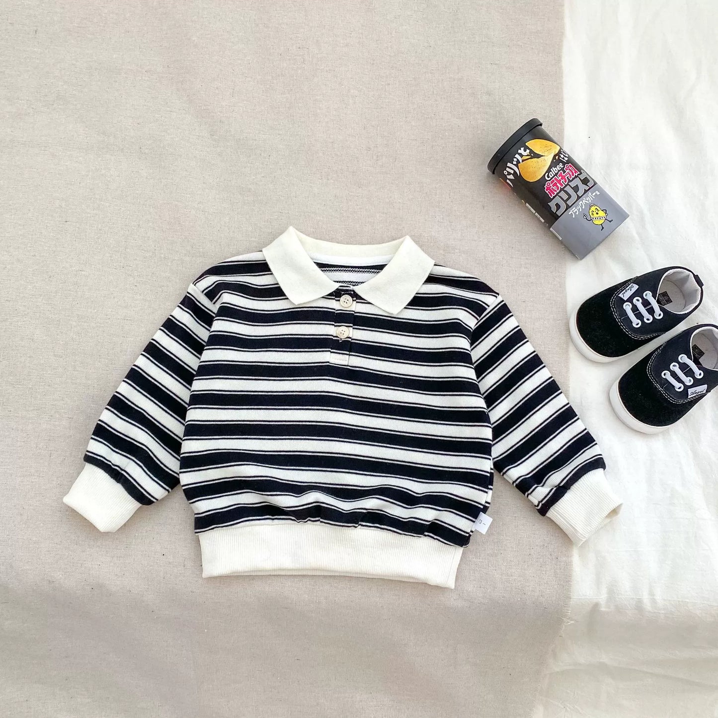 Spring and Autumn Baby Kids Unisex Striped Pattern Top Polo Shirt and Denim Pants Clothing Set