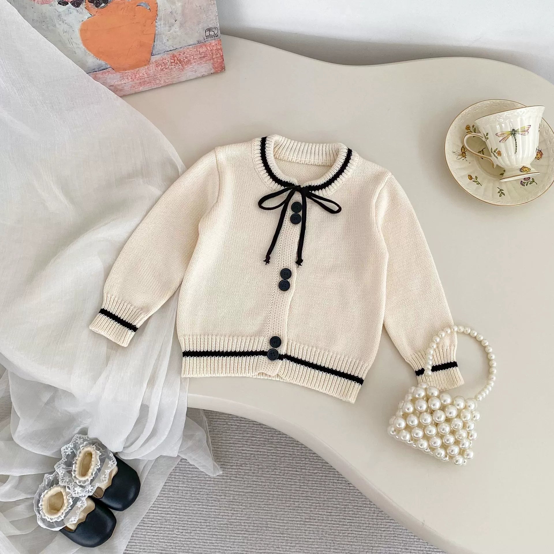 Spring and Autumn Kids Girls Color Patchwork Long Sleeves Cardigan and Pants Clothing Set-4