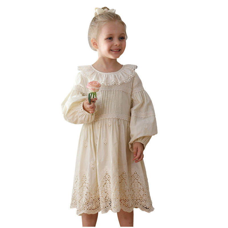 Spring and Autumn Solid Color Long-sleeved Dress with Lace Collar for Stylish Girls-3