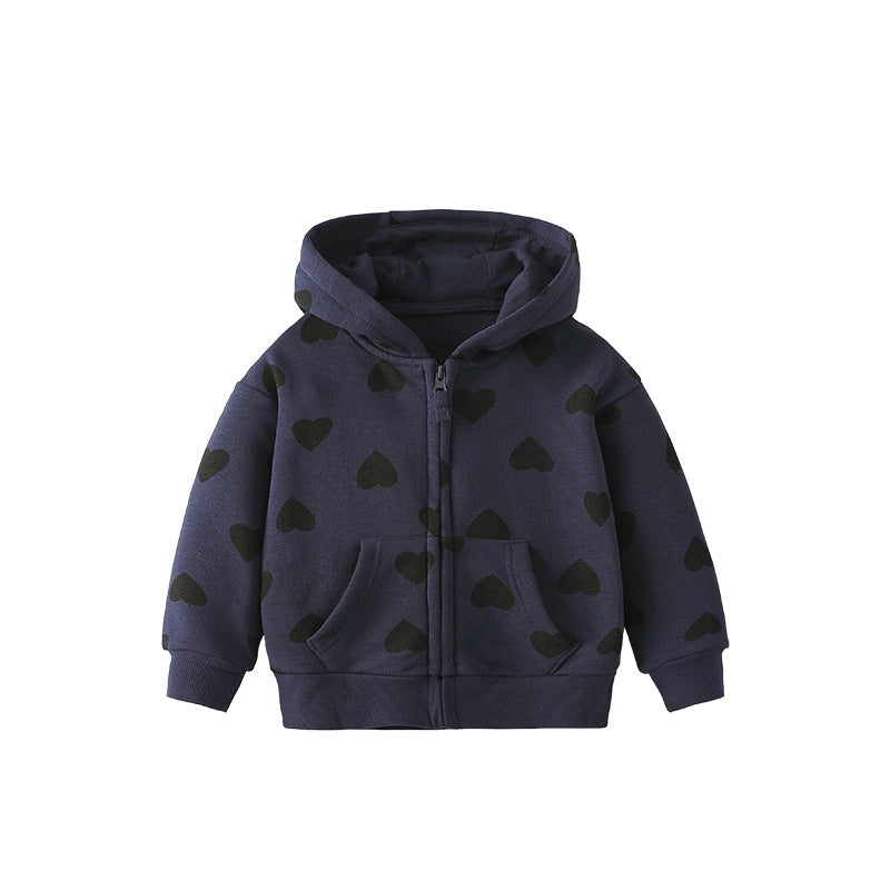 Arrival European and American Style Girls’ Hooded Zip-up Black Hearts Pattern Coat with Long Sleeves
