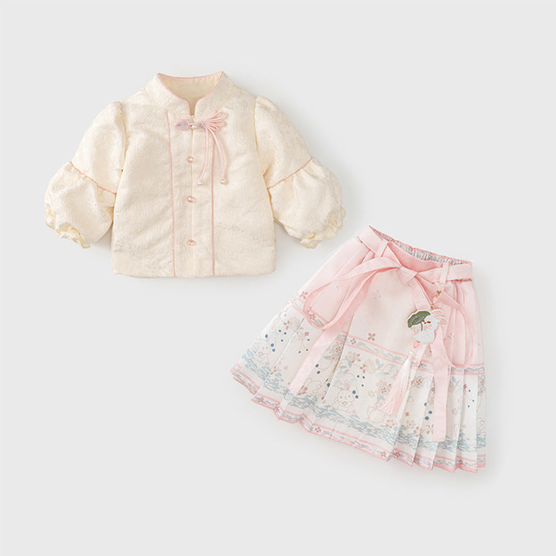 Autumn Arrival Baby Girls Simple Stand Collar Top and Rabbits Pattern Skirt Clothing Set-4