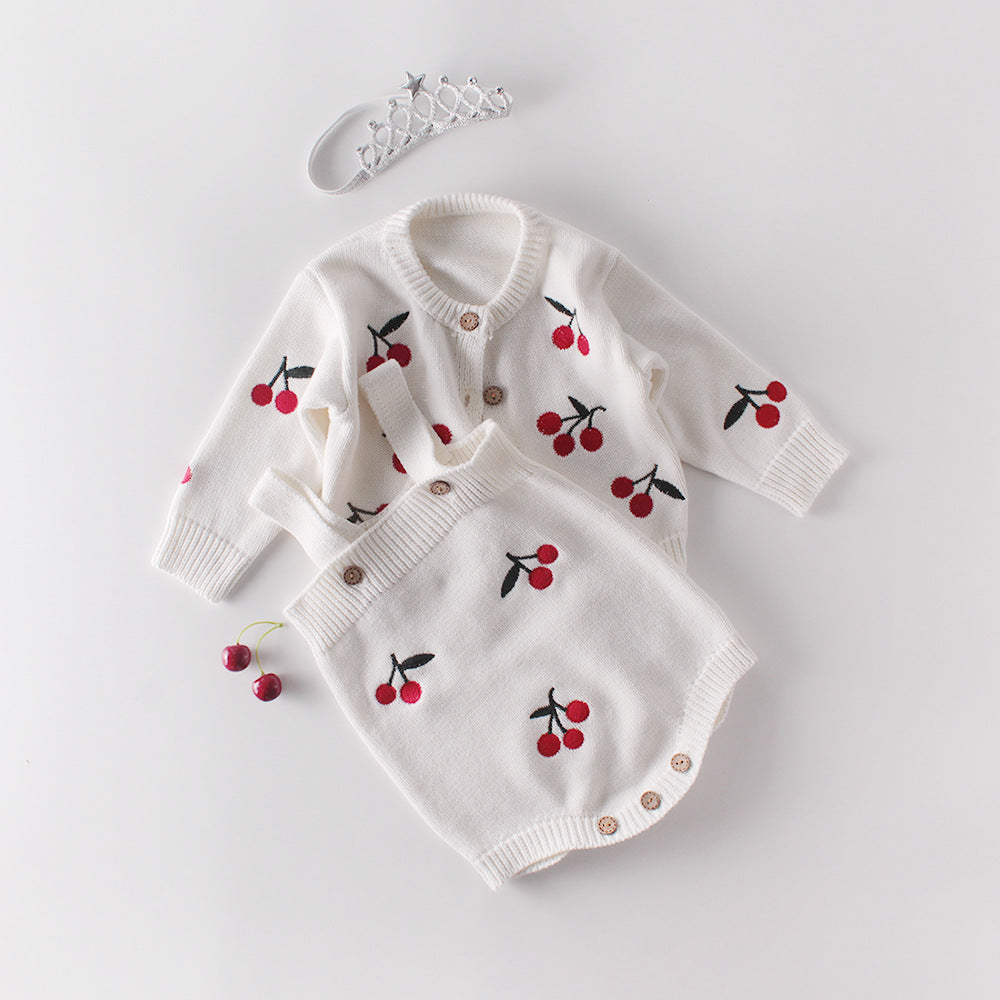 Baby Girl 1pc Cherry Embroidered Graphic Crotch Knitted Bodysuit & Button Front Sweater Coat Sets-0