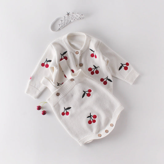 Baby Girl 1pc Cherry Embroidered Graphic Crotch Knitted Bodysuit & Button Front Sweater Coat Sets-0