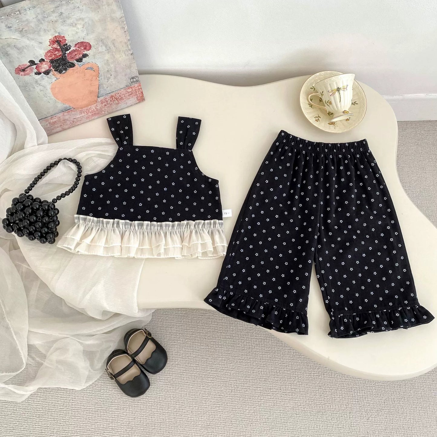 Spring and Autumn Baby Kids Girls Lace Trim Decorated Sleeveless Vest, Plain Long Sleeves Top and Pants Clothing Set