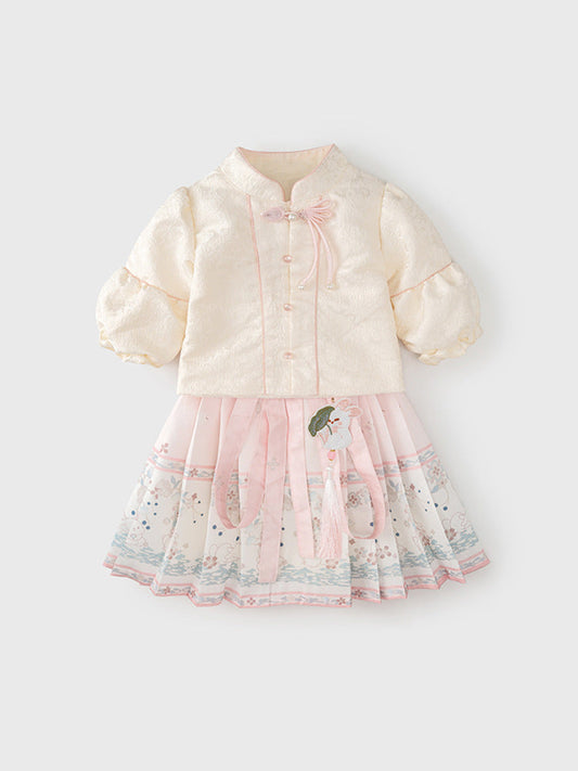 Autumn Arrival Baby Girls Simple Stand Collar Top and Rabbits Pattern Skirt Clothing Set-0