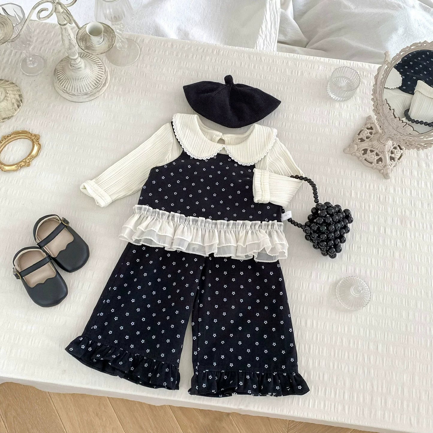 Spring and Autumn Baby Kids Girls Lace Trim Decorated Sleeveless Vest, Plain Long Sleeves Top and Pants Clothing Set