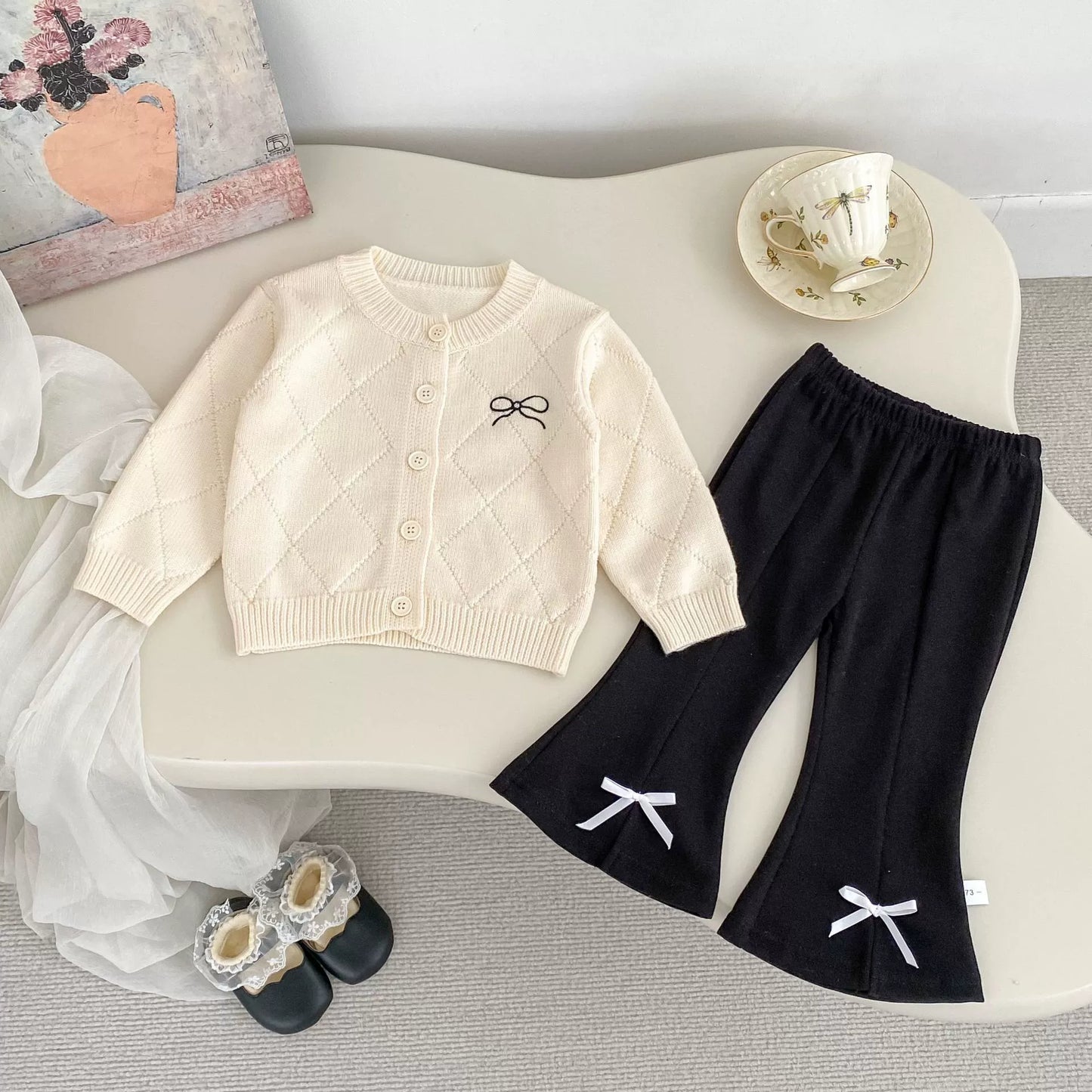 Spring and Autumn Kids Girls Argyle Pattern Long Sleeves Cardigan and Pants Clothing Set-0