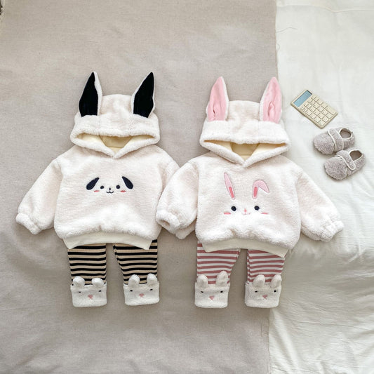 Winter Hot Selling Baby Unisex Long Sleeves Simple Rabbit Design Hooded Top Pullover and Striped Trousers Set-0