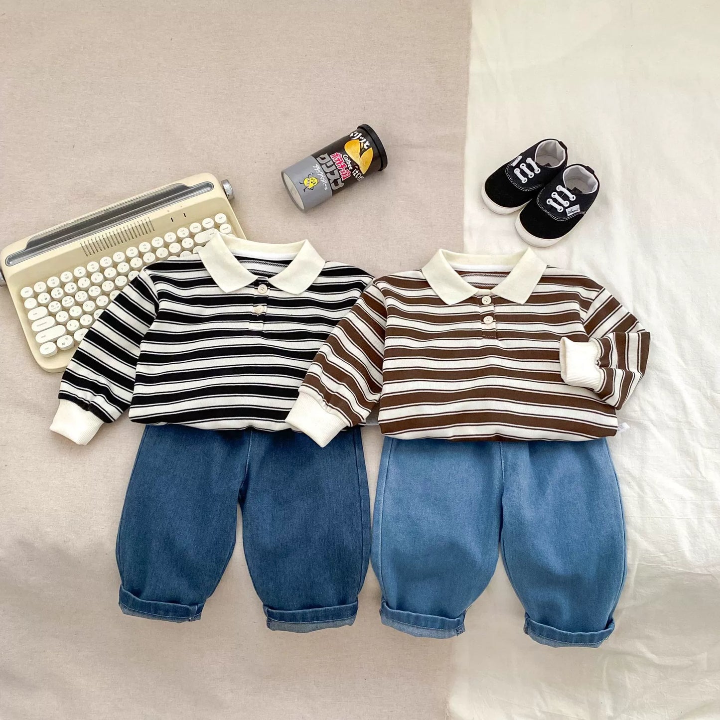 Spring and Autumn Baby Kids Unisex Striped Pattern Top Polo Shirt and Denim Pants Clothing Set